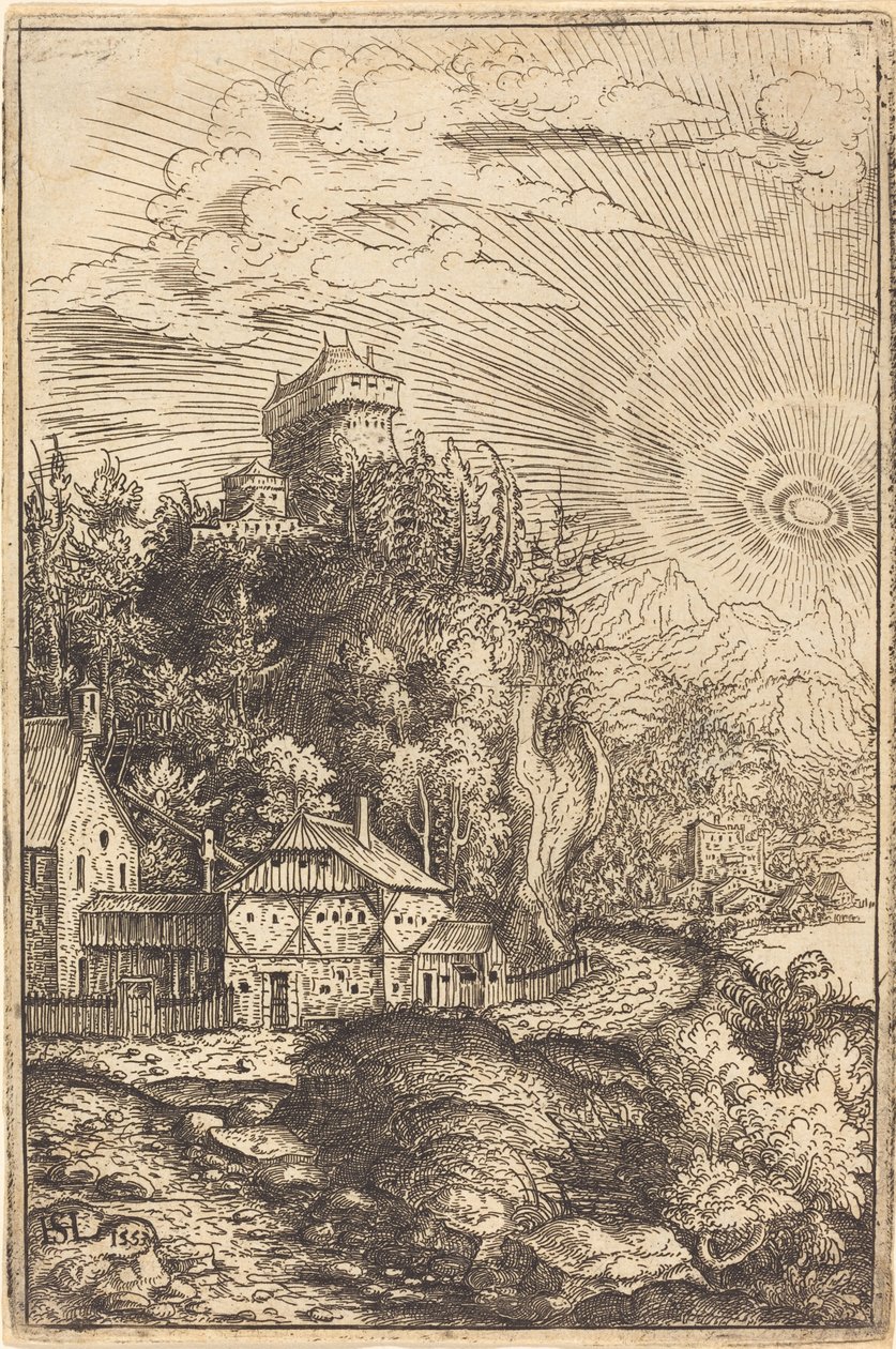 Landskab med et slot og strålende sol, 1553. af Hans Sebald Lautensack