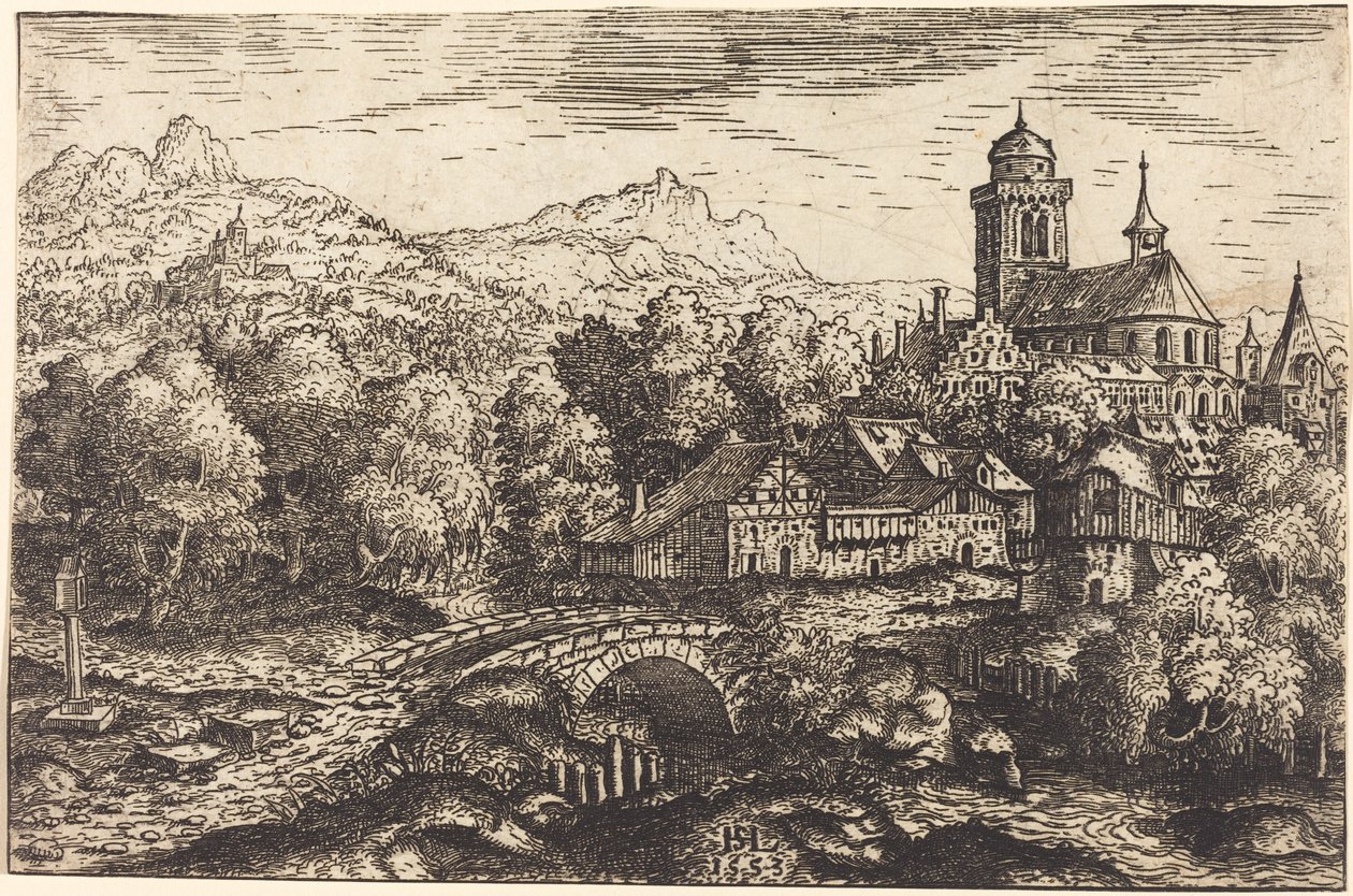Bjerglandskab med en landsby, 1553. af Hans Sebald Lautensack