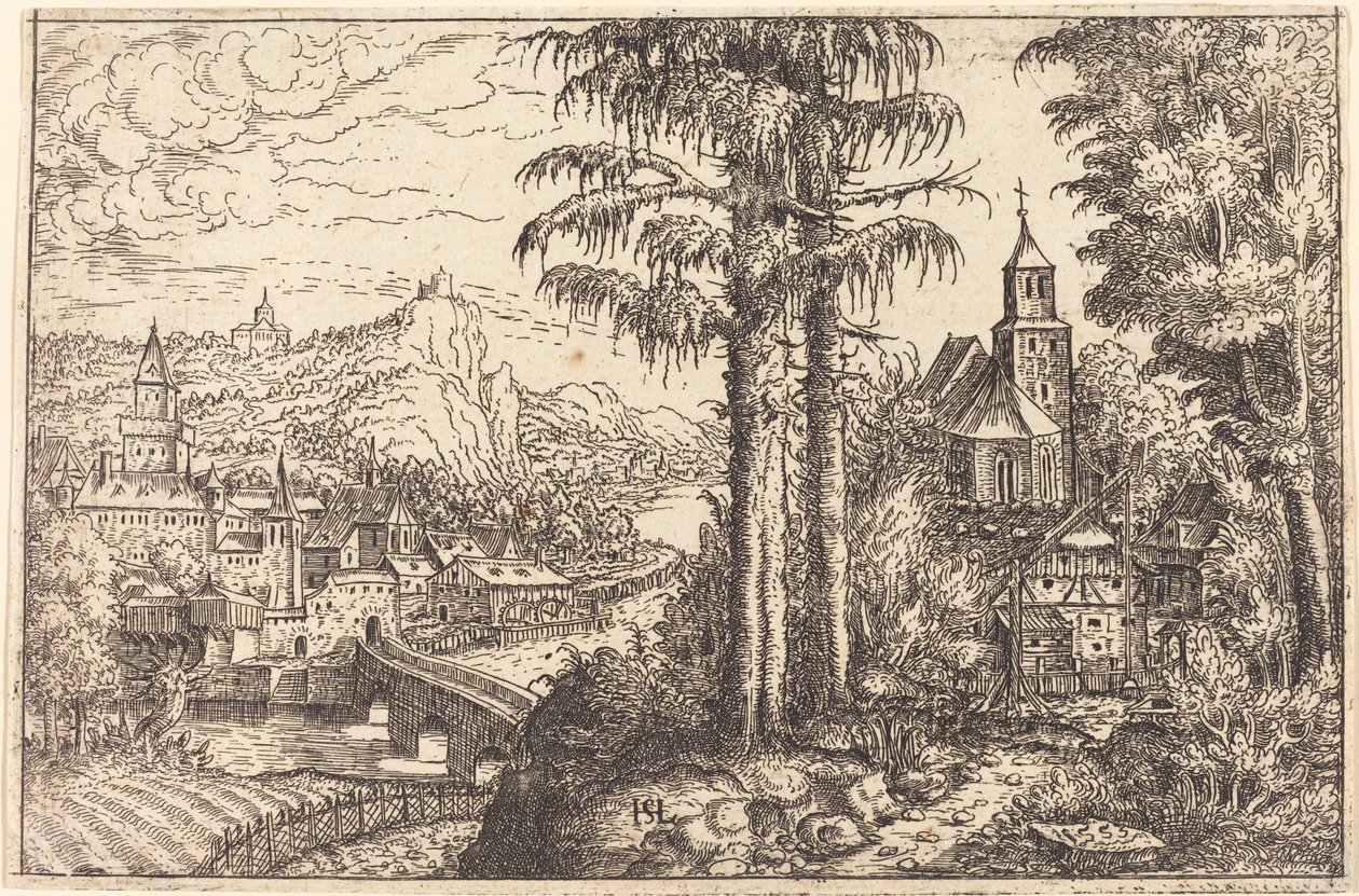 Udsigt over en by nær en flod med en kirke til højre, 1553. af Hans Sebald Lautensack