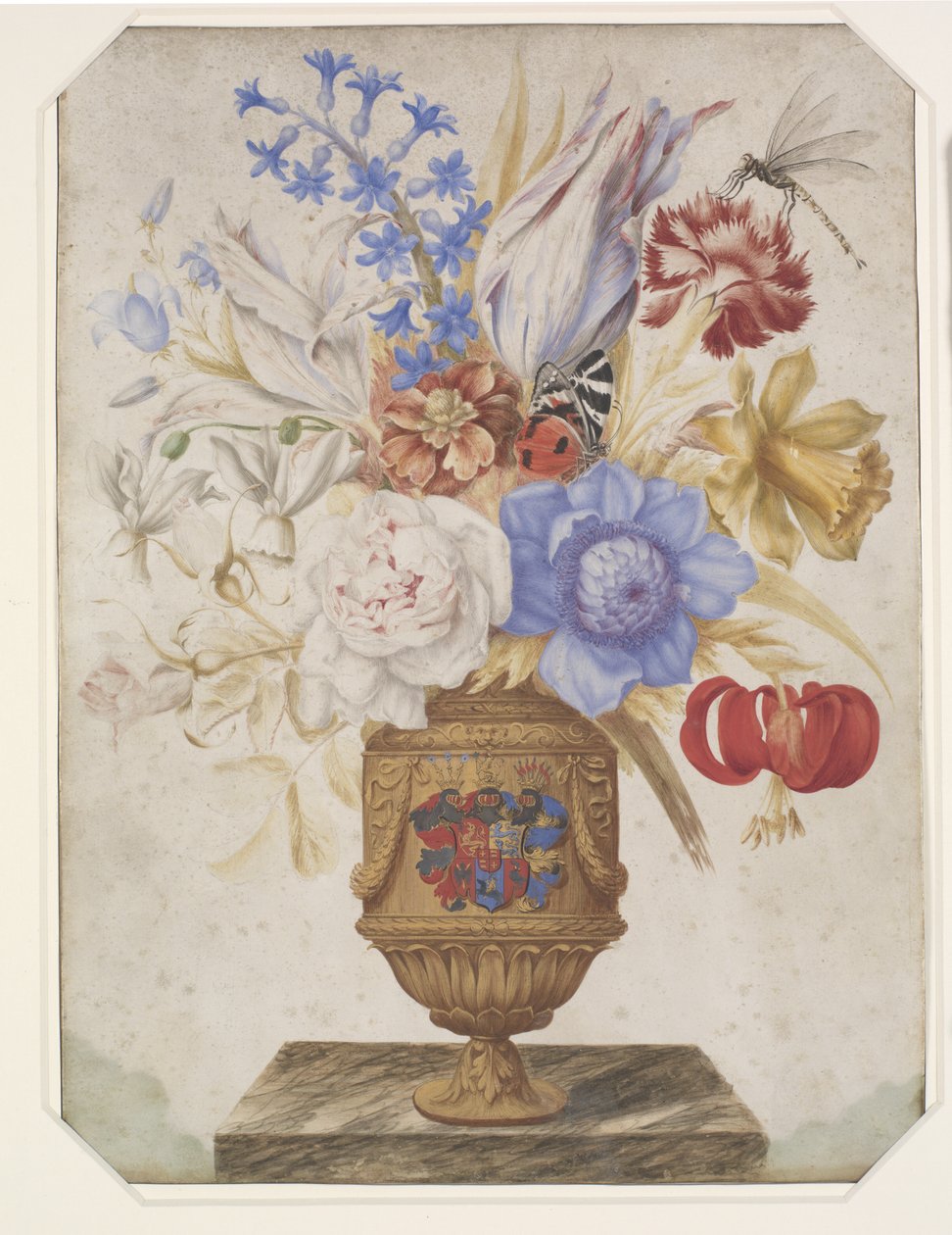 Blomster i en forgyldt vase med det Holstein-Gottorpske våben. af Hans Simon Holtzbecker