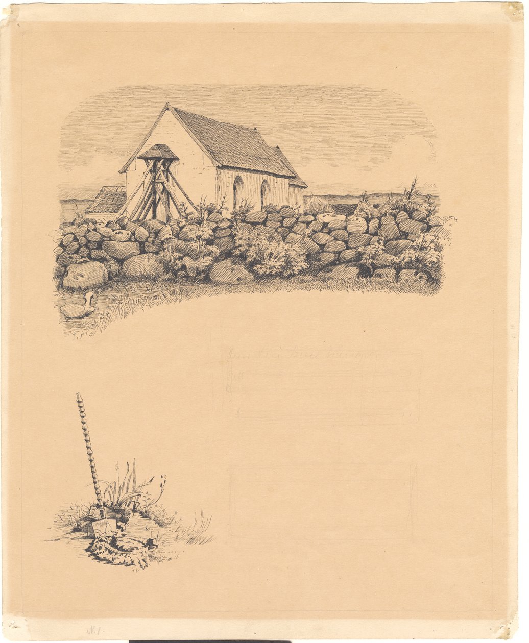 Illustration til St. St. Blicher: "Mowns". F.o.: kirke bag stendige; f.n.: gravsted (?) med spade af Hans Smidth