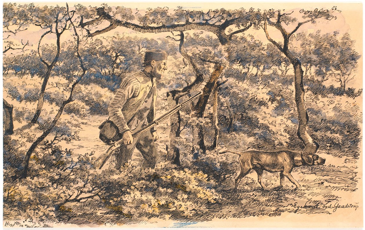 Krybskytte med hund i skov af Hans Smidth