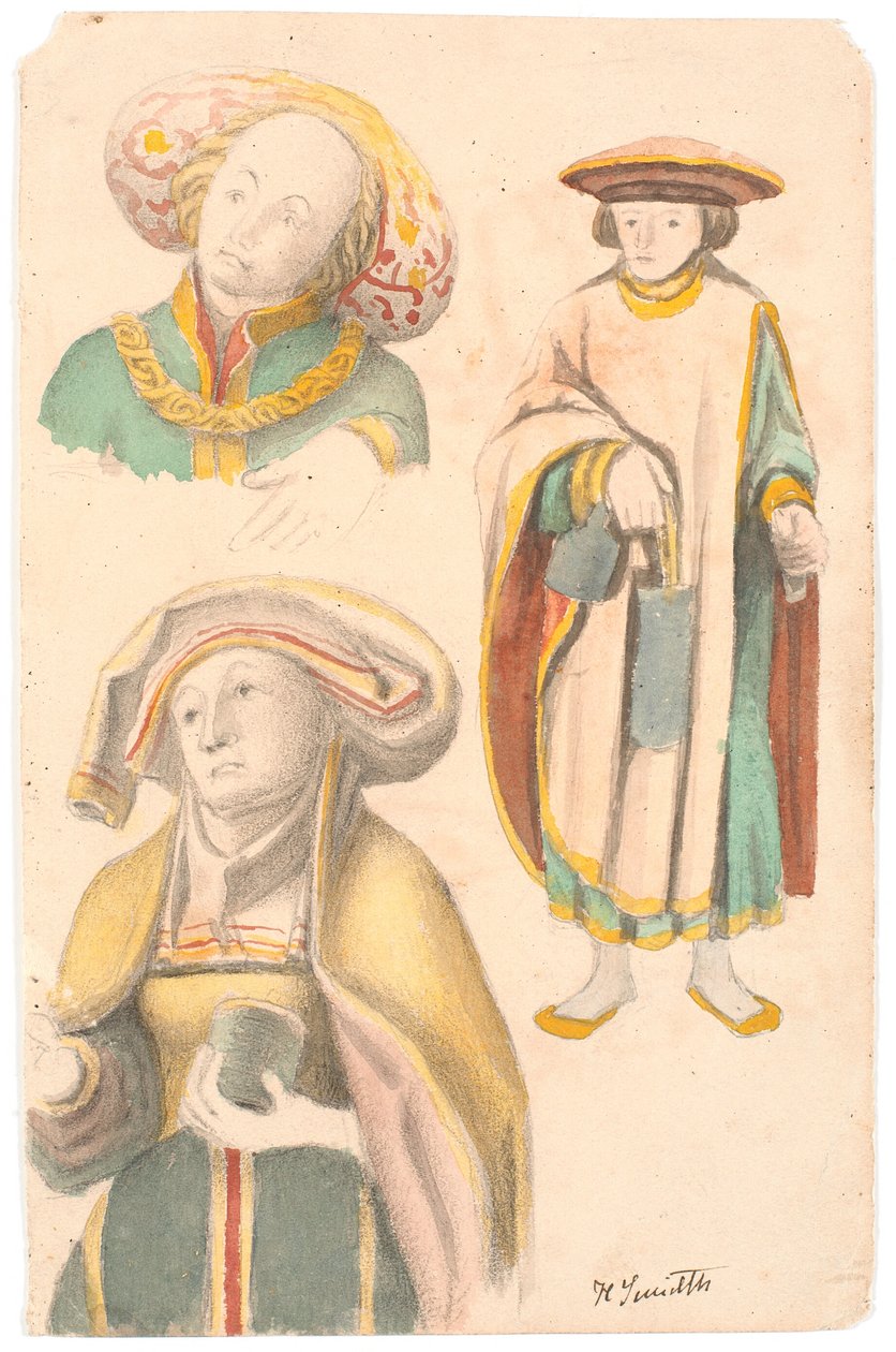 Studie med tre figurer efter altertavlen i Estvad kirke, Ringkøbing amt af Hans Smidth