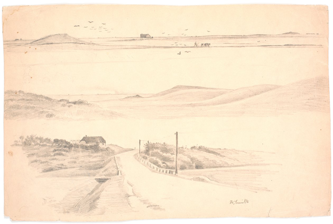 Studieblad med tre landskaber fra jylland. Øverst: landskab med pløjemark; midten: landskab med høje bakker; nederst: landskab med hus og vej af Hans Smidth
