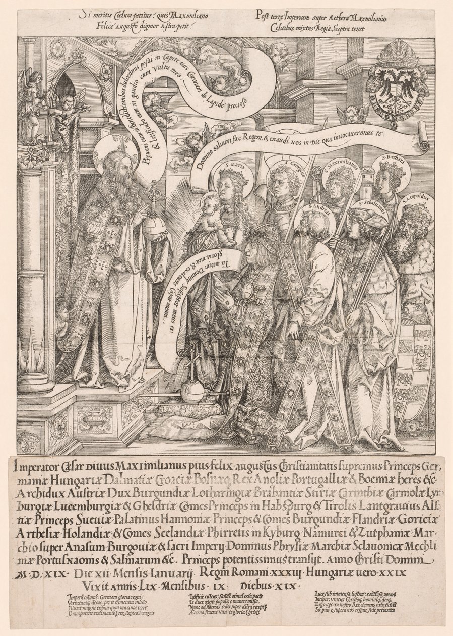 Maximilian præsenteret af sine skytshelgener til den Almægtige, 1519. af Hans Springinklee