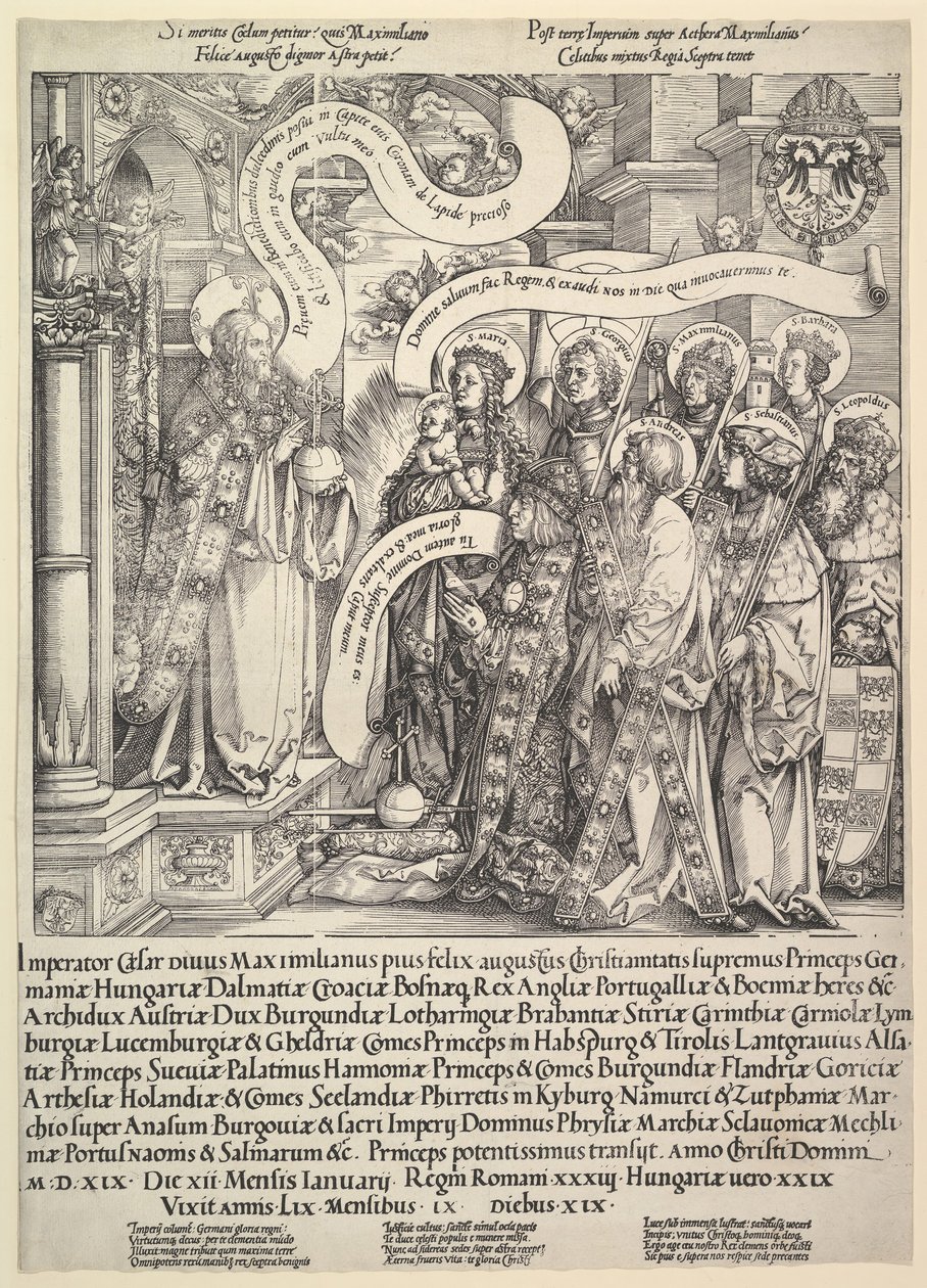 Maximilian præsenteret af sine skytshelgener til den Almægtige, 1519. af Hans Springinklee