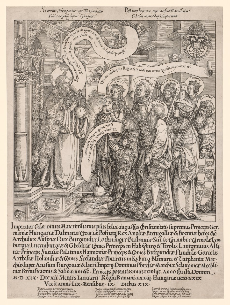 Kejser Maximilian præsenteret af sine skytshelgener til den Almægtige, 1519. af Hans Springinklee