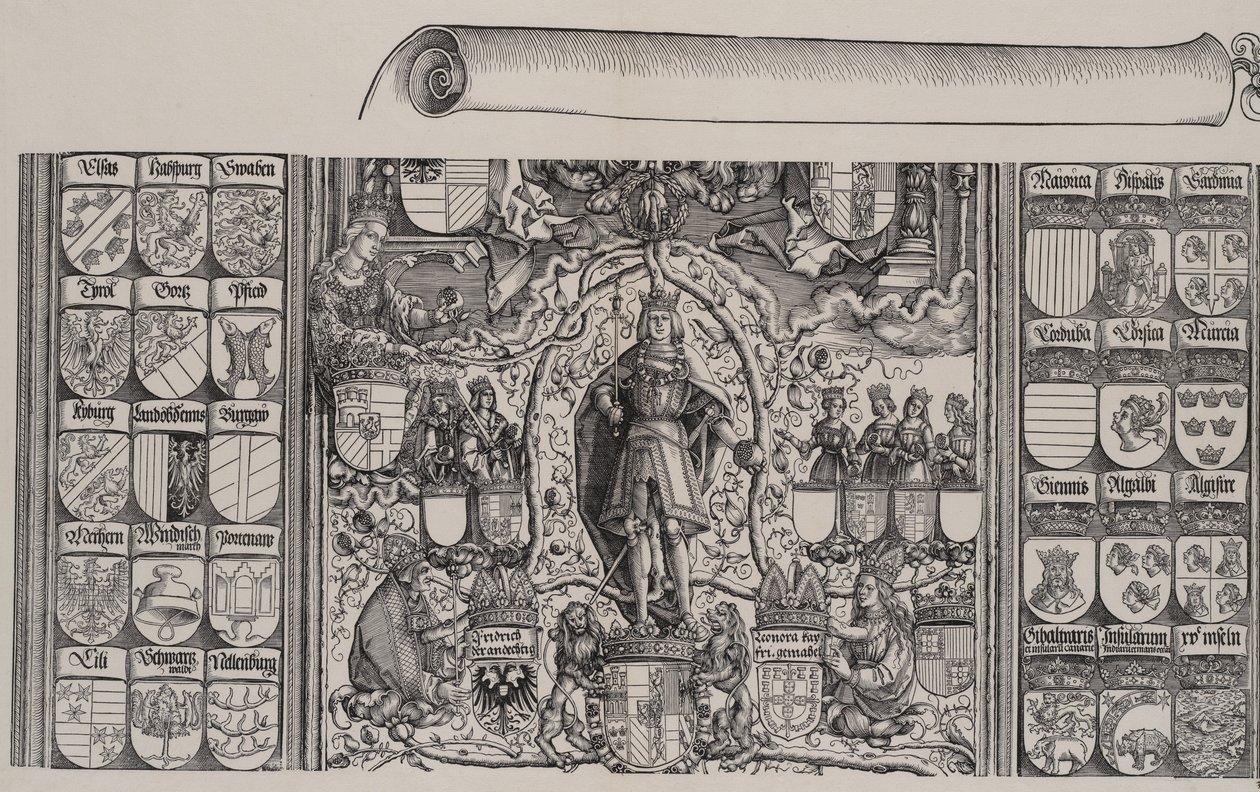 Den øverste del af Maximilians genealogi, med den højre kant af rullen for ..., 1515. af Hans Springinklee
