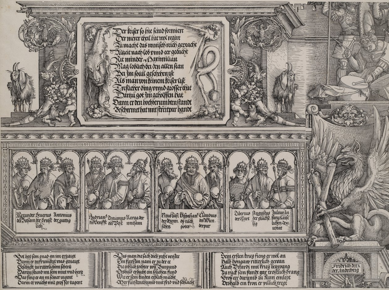Det øverste afsnit af venstre portal, med indskriften på et løveskind, en frise med B..., 1515. af Hans Springinklee