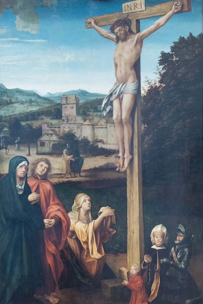 Kristus korsfæstet med Maria, Johannes, Maria Magdalena og mæcener af Hans Suess Kulmbach