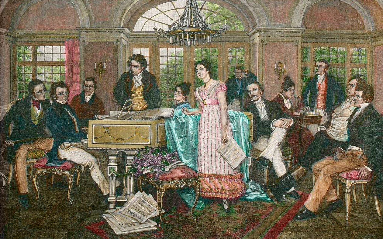 FRANZ SCHUBERT (1797-1828) Østrigsk komponist - Schubert Aften i Joseph von Spauns Hjem - fra venstre mod højre: Bauernfeld, Schubert, Kupelwieser, Beethoven, Frohlich søstre, Mayrhofer, Schwind, Spaun, Vogl, Grillparzer - Schubert i Spaun efter smerten af Hans Temple