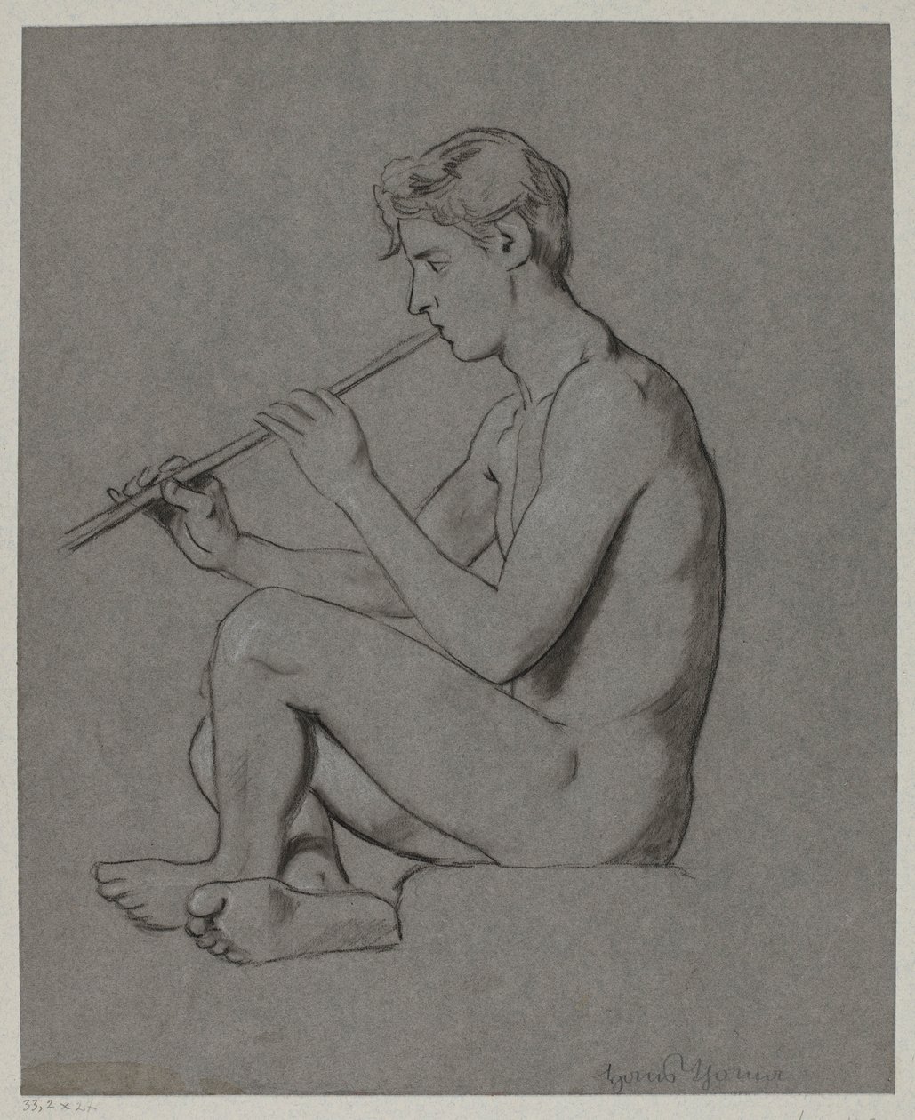 Nøgenstudie af en ung mand, der spiller fløjte af Hans Thoma