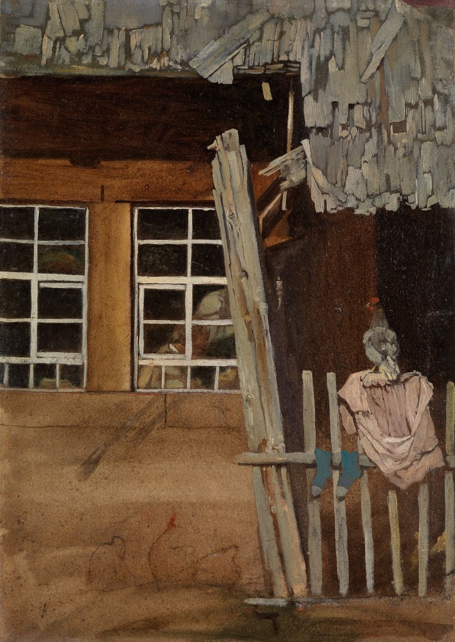 Et hjørne af en bondegård med havehegn og en høne af Hans Thoma