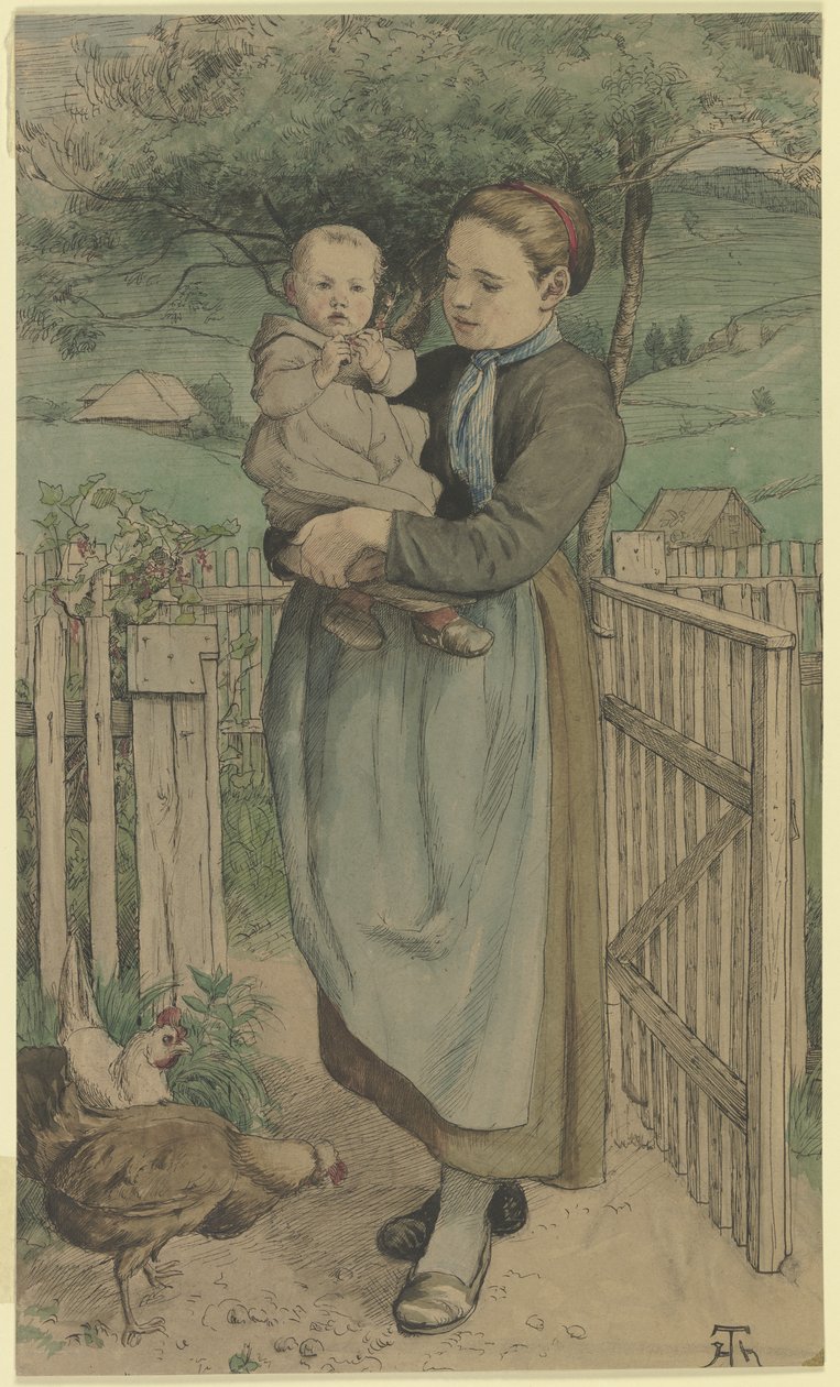 Bondepige med et barn på armen, stående ved et træhegn af Hans Thoma