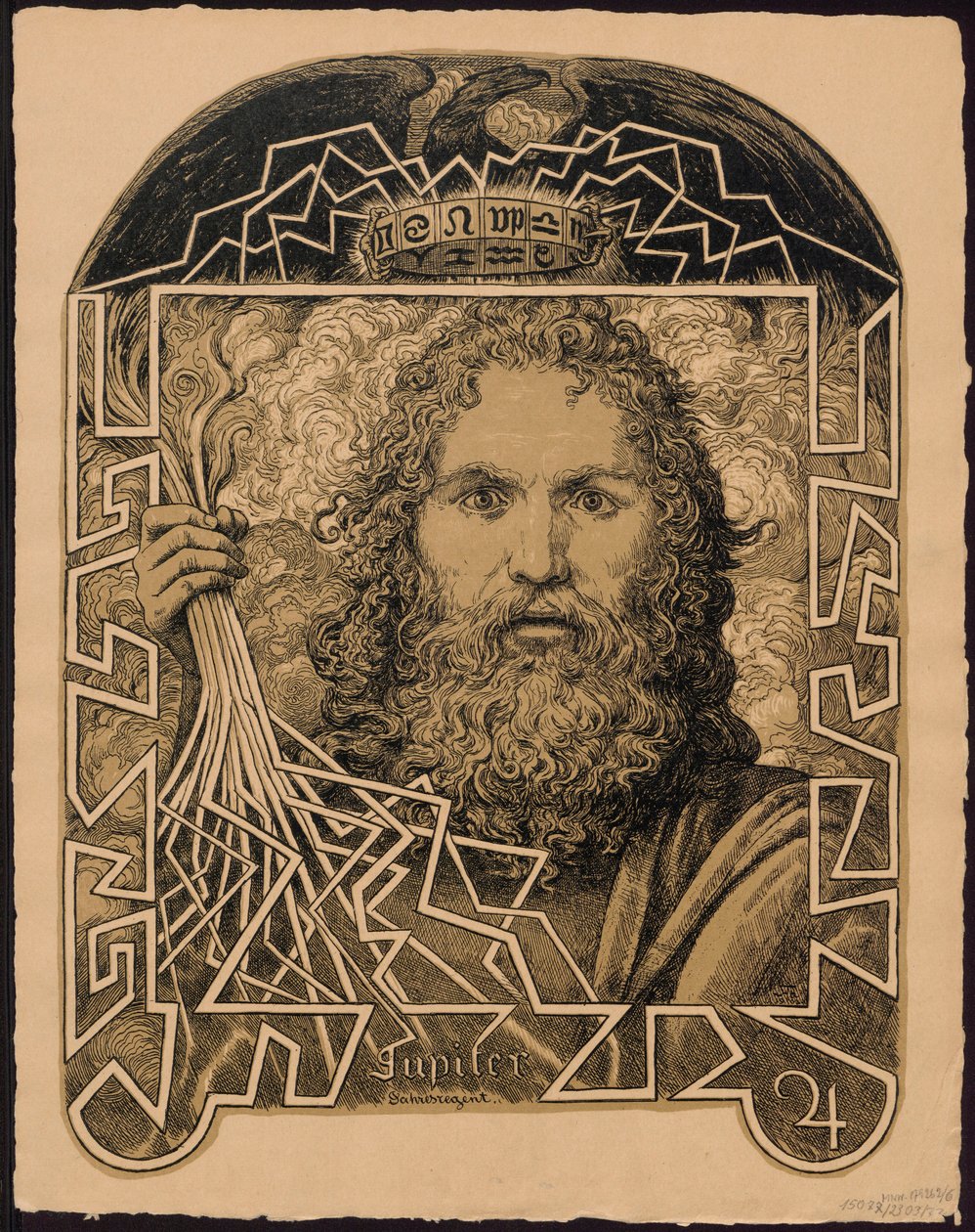 "Jupiter Jahrersregent". Jupiter som årets hersker. Skitser til »Den evige billedkalender«, del II (Immerwährender Bilderkalender) af Hans Thoma