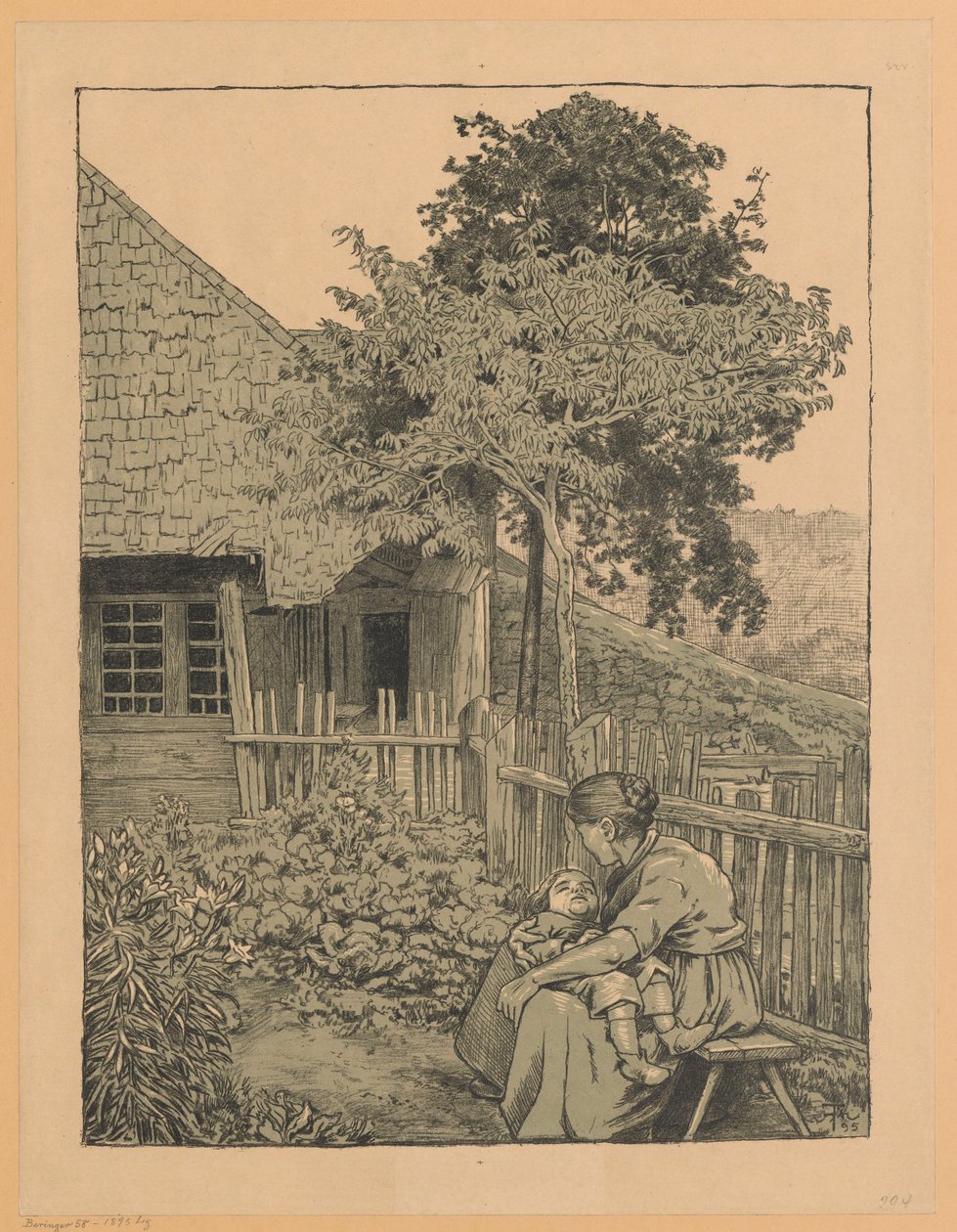 En kvinde med et barn, der sidder i haven foran et hus i Schwarzwald af Hans Thoma