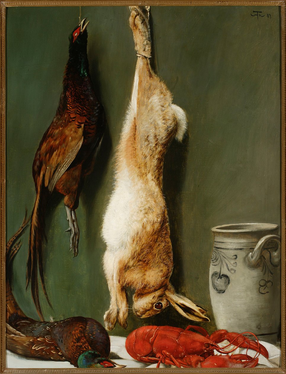 Stilleben: hare, fasaner, hummer og kande af Hans Thoma