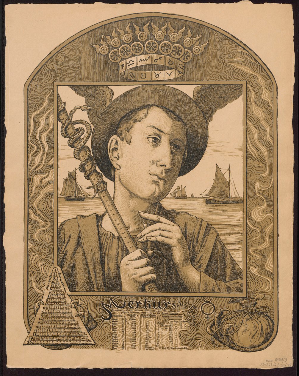 "Merkur Jahrers Regent". Merkur som årets hersker. Skitser til »Den evige billedkalender«, del II, 1901 (Immerwährender Bilderkalender) af Hans Thoma