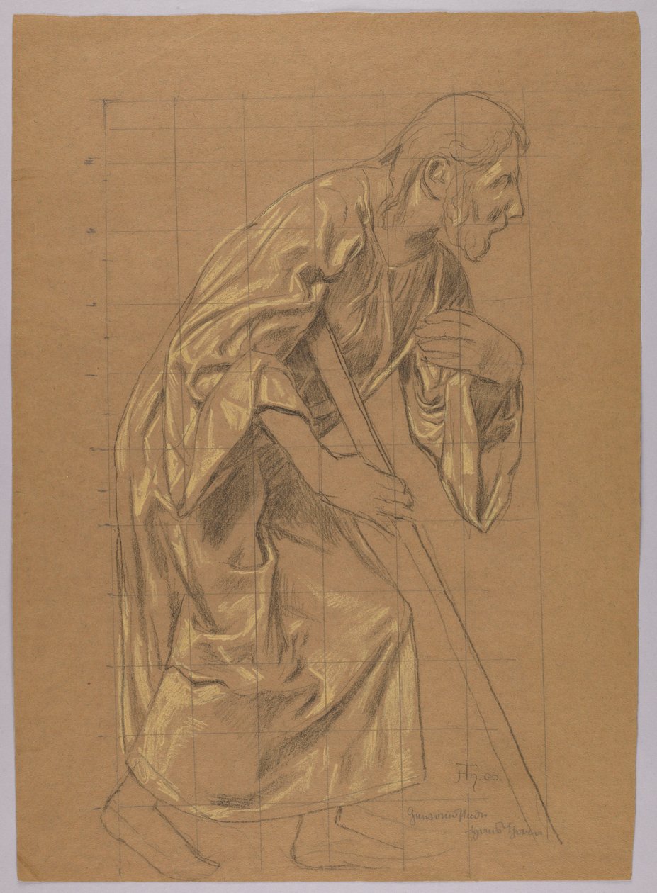 Mand i lang dragt, støttende sig til en stok, verso: skitse af samme figur af Hans Thoma
