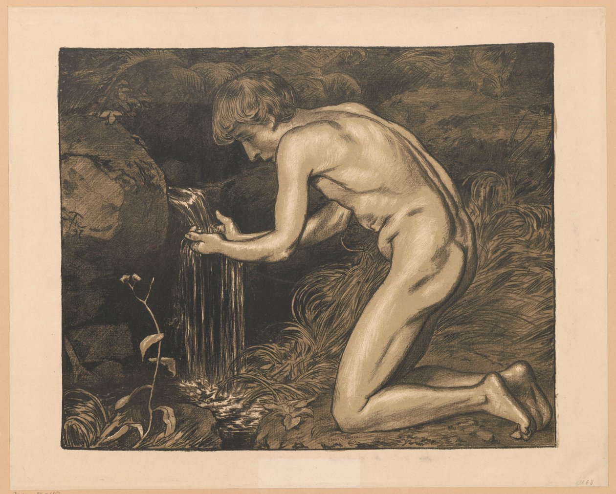 Ung mand, der henter vand fra en kilde, nøgenstudie af Hans Thoma