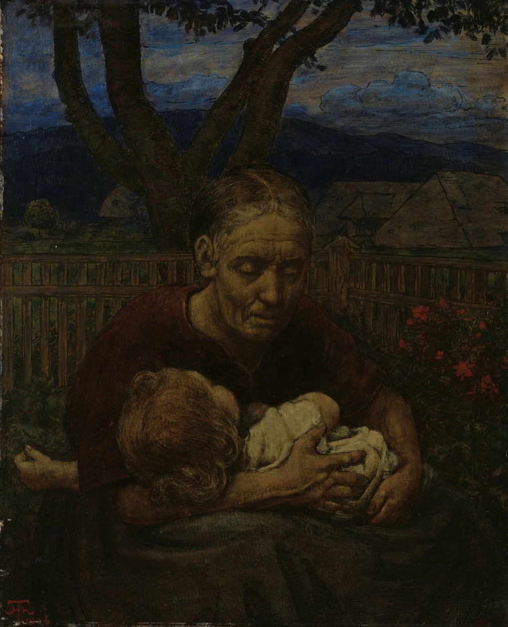 Mor og barn i en have af Hans Thoma