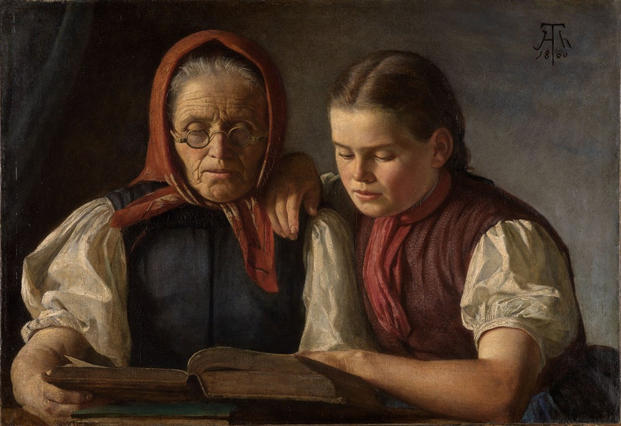 Kunstnerens mor og søster læser i Bibelen af Hans Thoma
