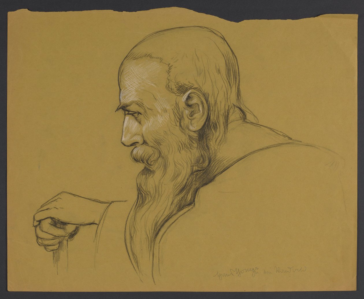 Et brystbillede af en gammel mand med langt skæg, der støtter sig med begge hænder på en stok, set i profil af Hans Thoma