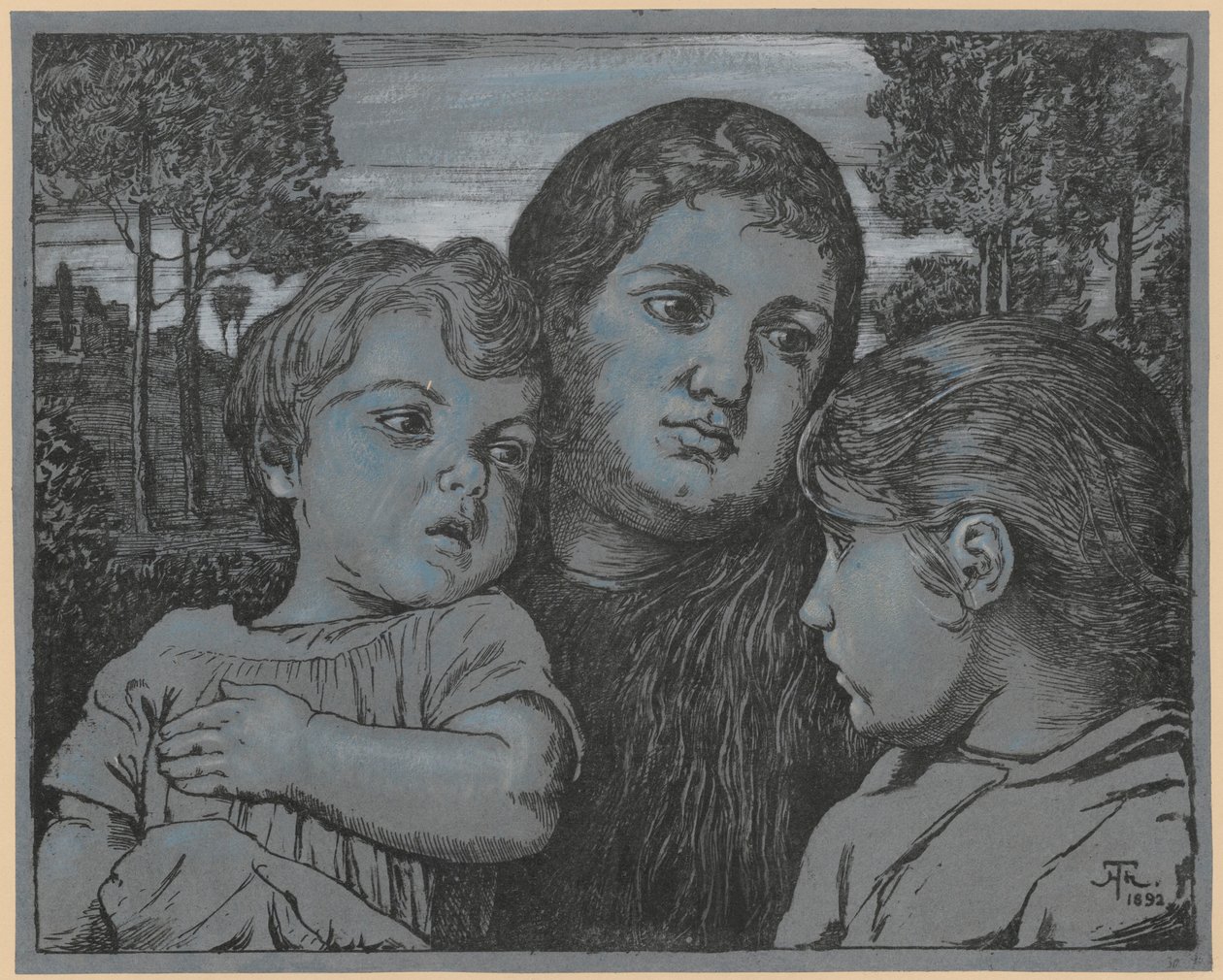 Portræt af kunstnerens hustru Celli med to børn foran et landskab af Hans Thoma