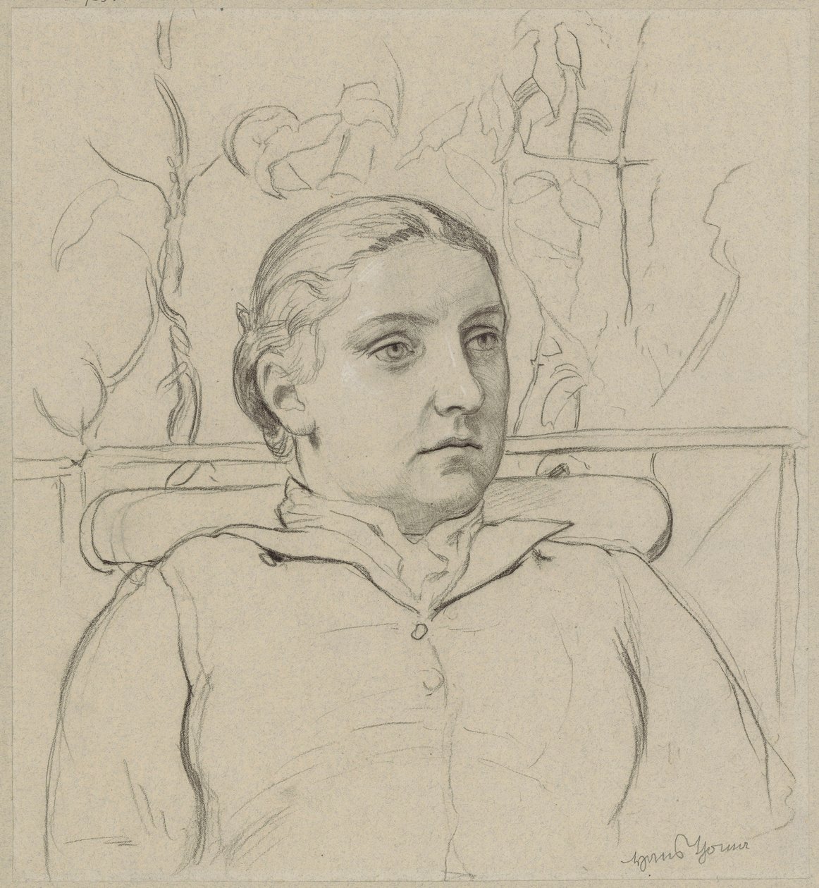 Et portræt af kunstnerens hustru som et brystbillede, hvor hun sidder på en bænk med grønne omgivelser i baggrunden af Hans Thoma