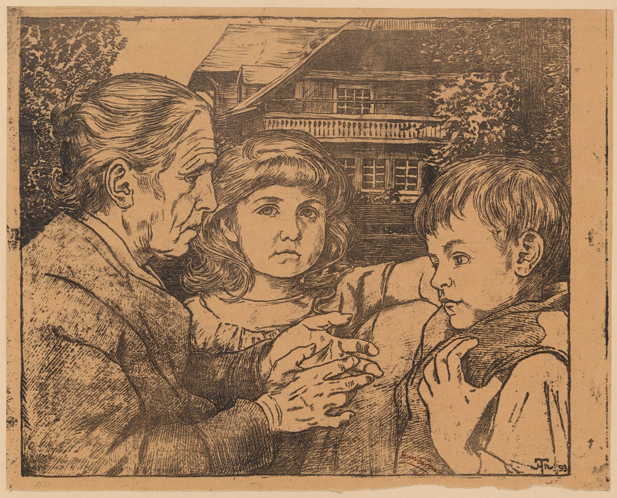 En gammel kvinde, der fortæller eventyr for to børn foran et hus i Schwarzwald af Hans Thoma