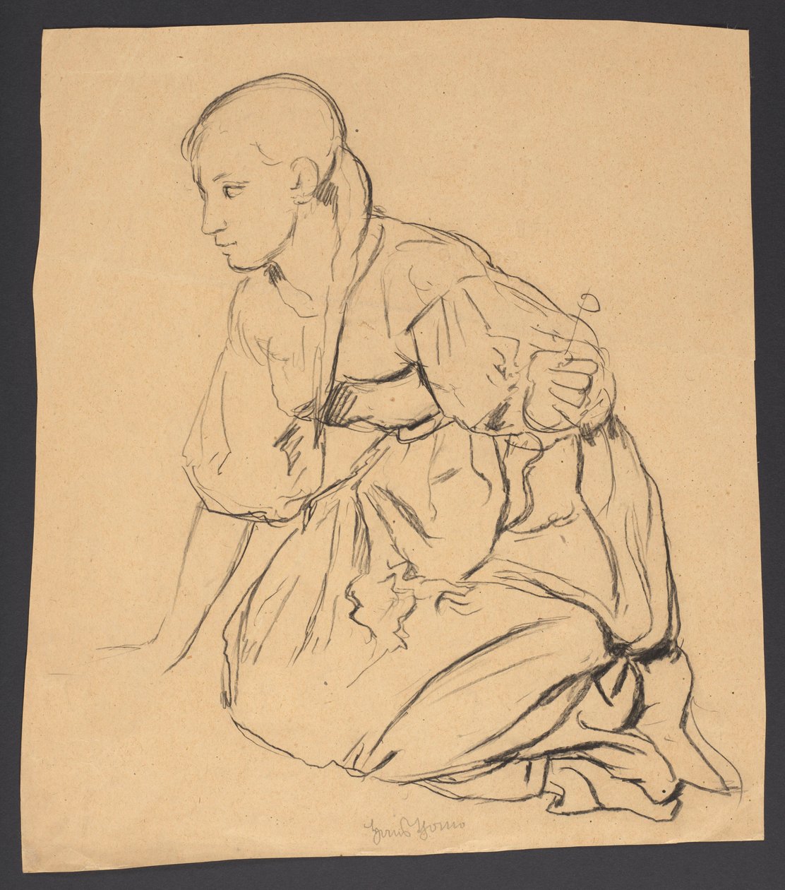 Studie eines Mädchens, das auf einer Wiese kniet af Hans Thoma