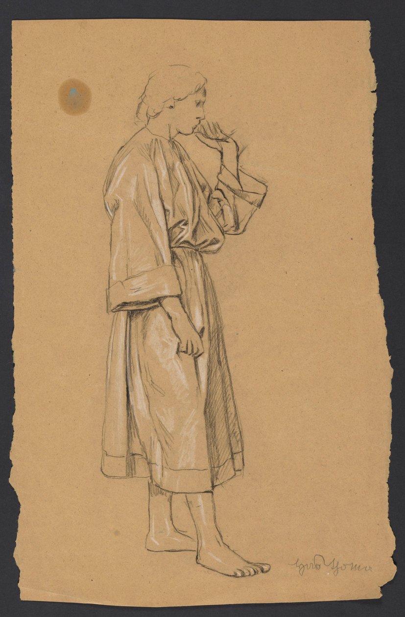 Studie eines jungen Mannes in antikisierender Kleidung, mit der linken Hand zum Kinn erhoben af Hans Thoma