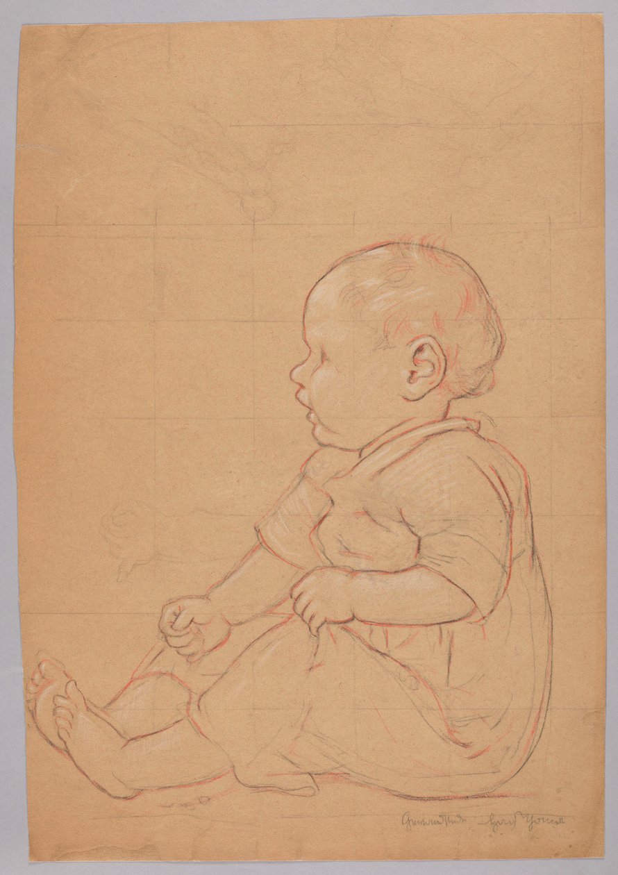 Studie af et siddende barn, verso: en gammel mand siddende på en sten af Hans Thoma