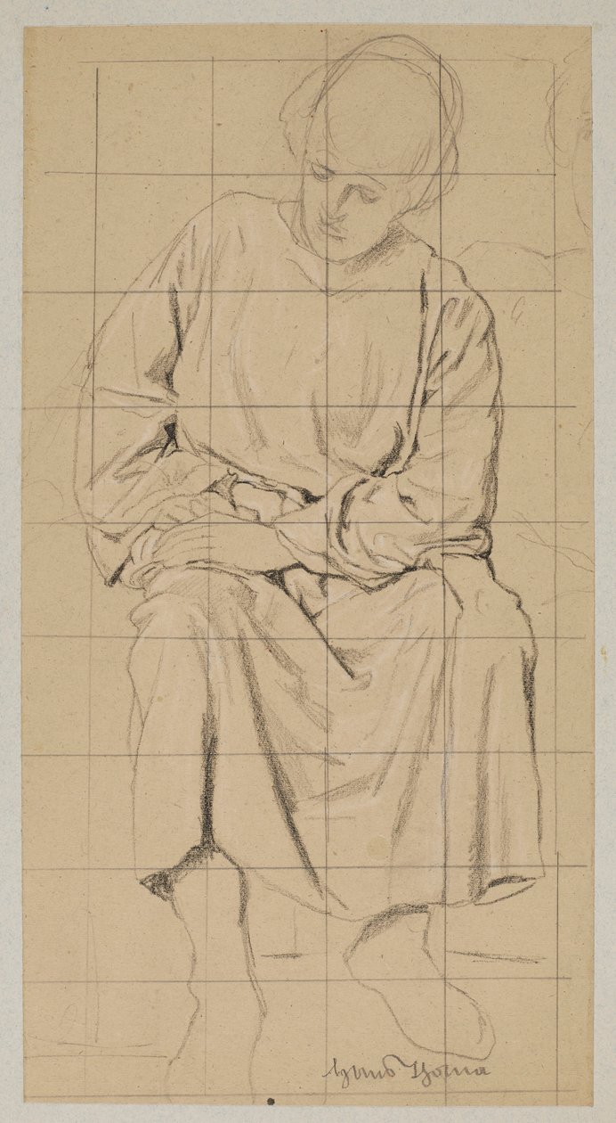 Studie af en siddende figur i en lang kappe af Hans Thoma