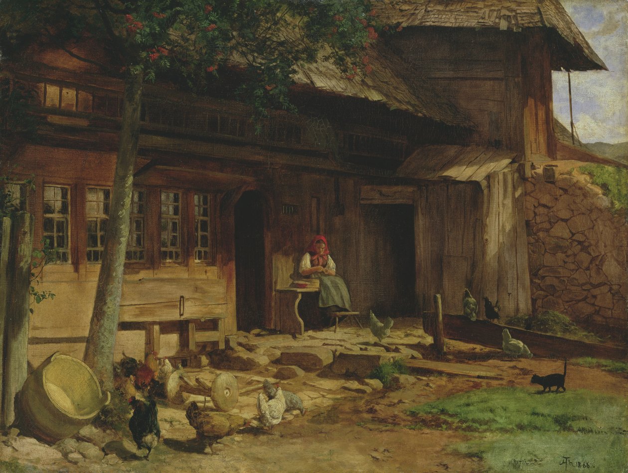 Forældrehjemmet i Bernau, 1866 (olie på lærred lagt på kort) af Hans Thoma