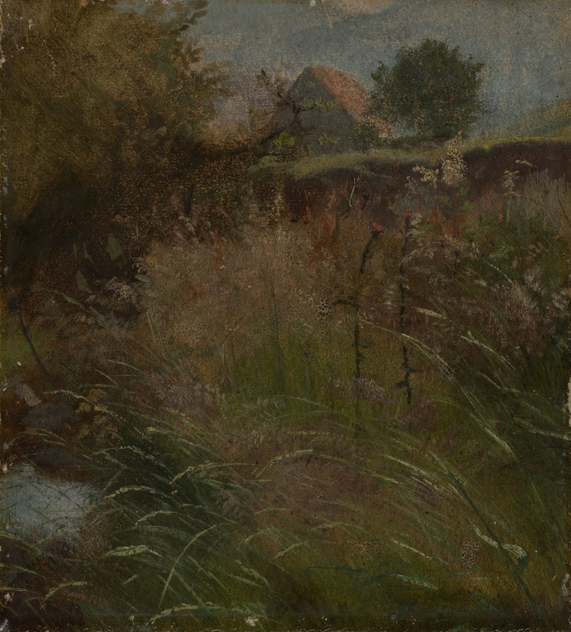 Eng, med en gård i baggrunden af Hans Thoma