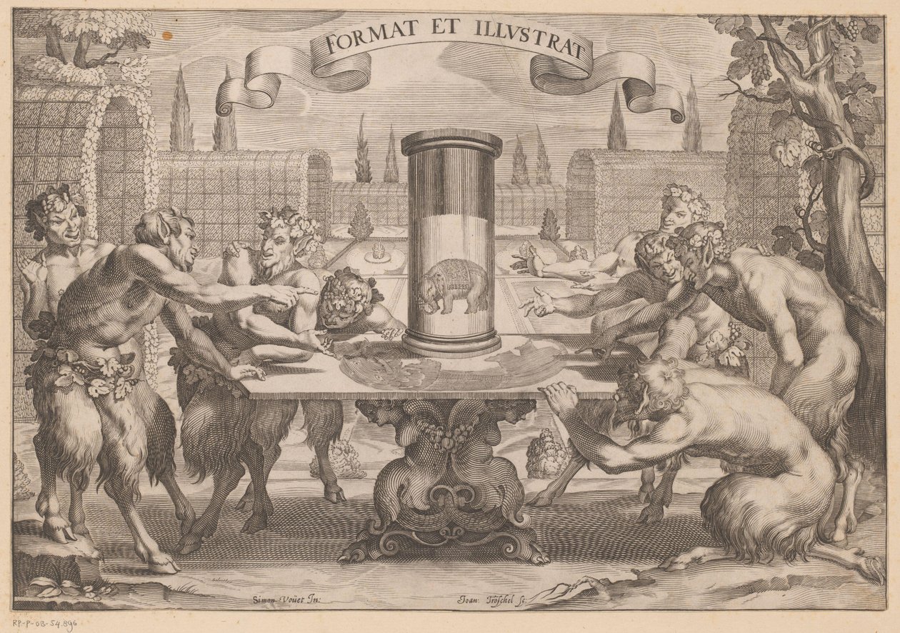 Satyrer omkring en anamorfose af en elefant Format et Illustrat (titel på objekt) af Hans Troschel
