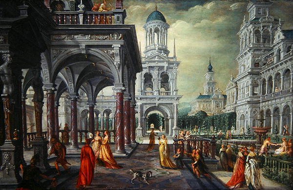 Bathsheba og David med en arkitektonisk baggrund (olie på eg) af Hans Vredeman de Vries