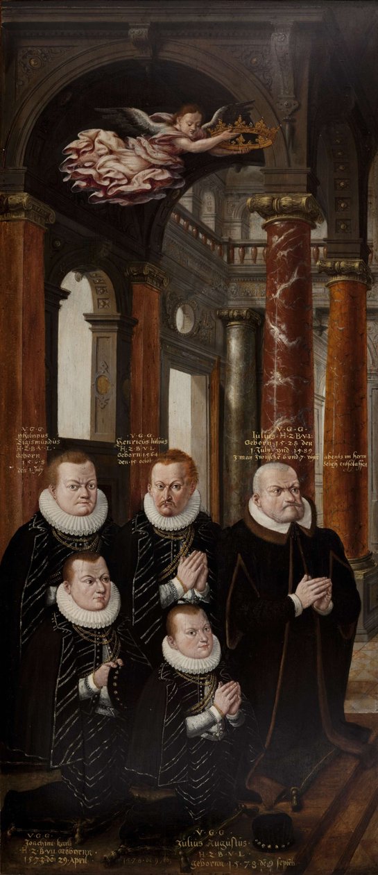 Familien af Julius af Brunswick-Lüneburg og Hedwig af Brandenburg. Epitafaltertavlens fløj af Hans Vredeman de Vries