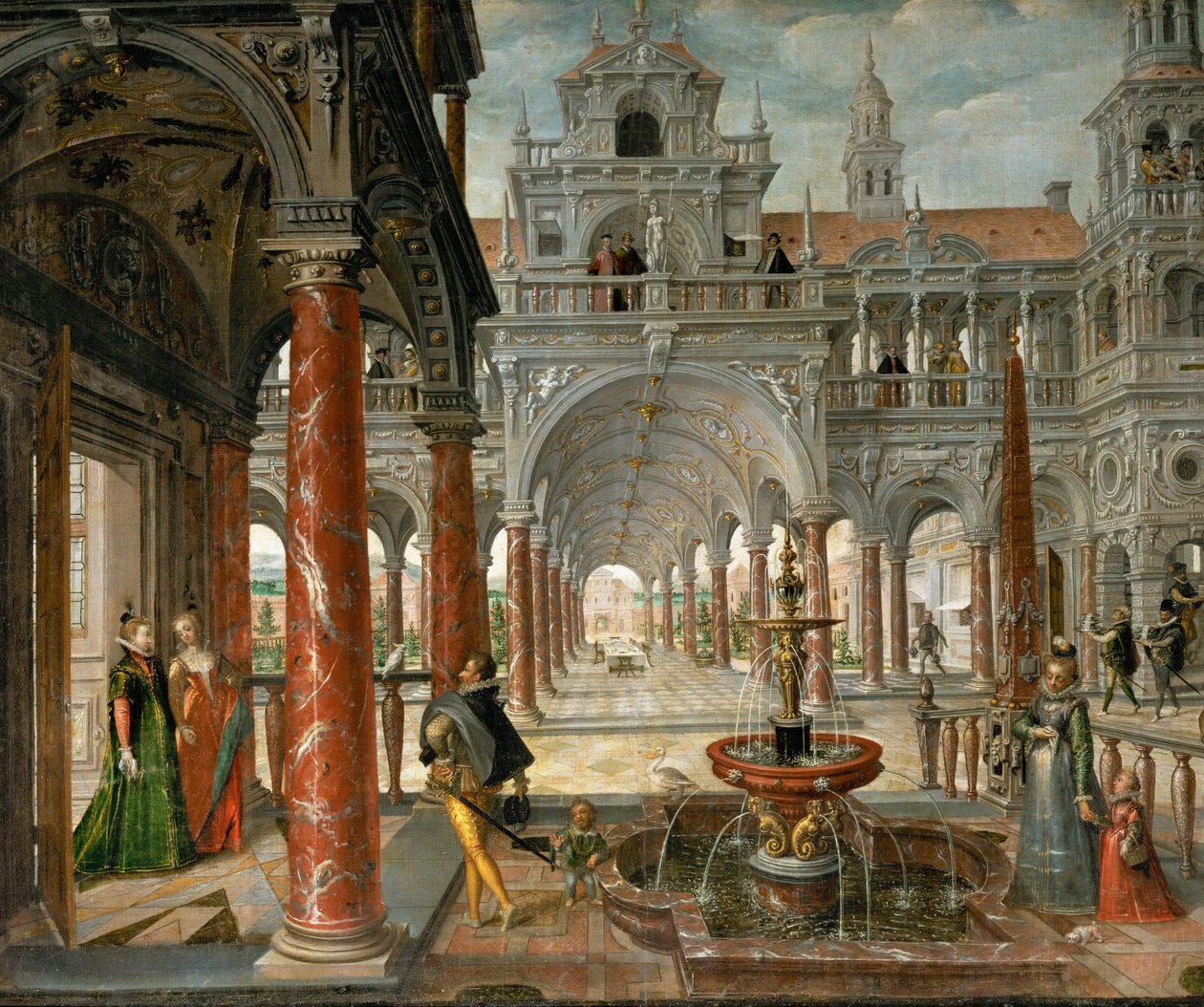 Et palads med fornemme besøgende - Palads med fornemme besøgende - Hans Vredeman de Vries (Jan de Vriese eller Friedman af Friesland) (1526-1606). Olie på lærred, ca. 1596. Størrelse: 137x164 cm. Kunsthistorisk Museum, Wien af Hans Vredeman de Vries