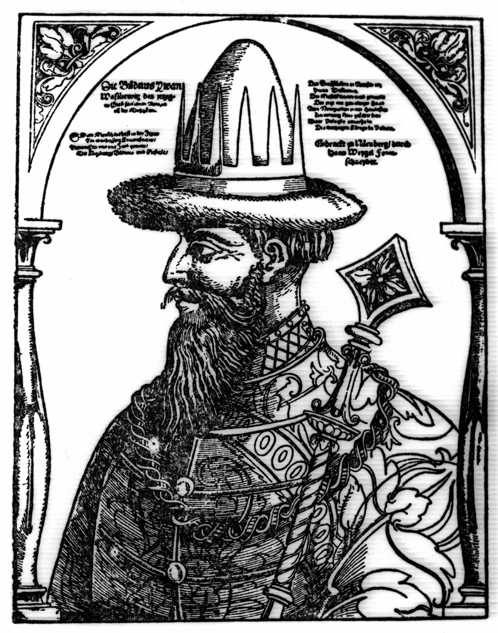 Portræt af Ivan IV den Forfærdelige (1533 - 1584), russisk zar. Xylografi af Hans Weygel. af Hans Weigel