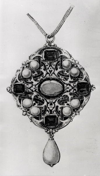 Design til et vedhæng med rubin, safirer og perler (pen & sort blæk, vask & wc på papir) af Hans attr. to Holbein the Younger