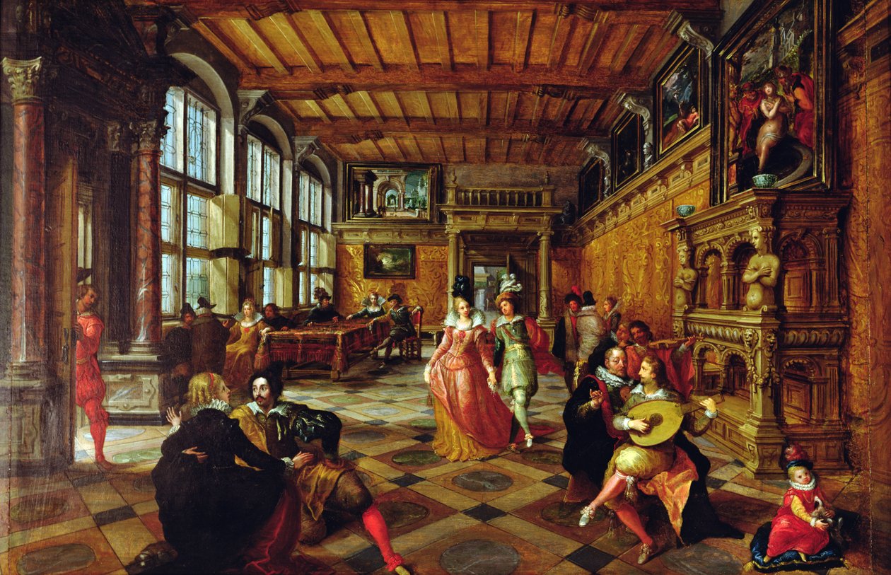 Scene af et bal i et flamsk interiør af Hans or Jan Vredeman de Vries