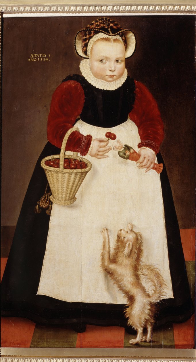 ""Portræt af en lille pige, der holder en kurv med kirsebær og en lille dukke"" (Portræt af en ung pige) Hun bærer et jordbærkrave Maleri af Hans Bock den Ældre (ca. 1550-1623) 1584 Pushkin Museum, Moskva af Hans the Elder Bock