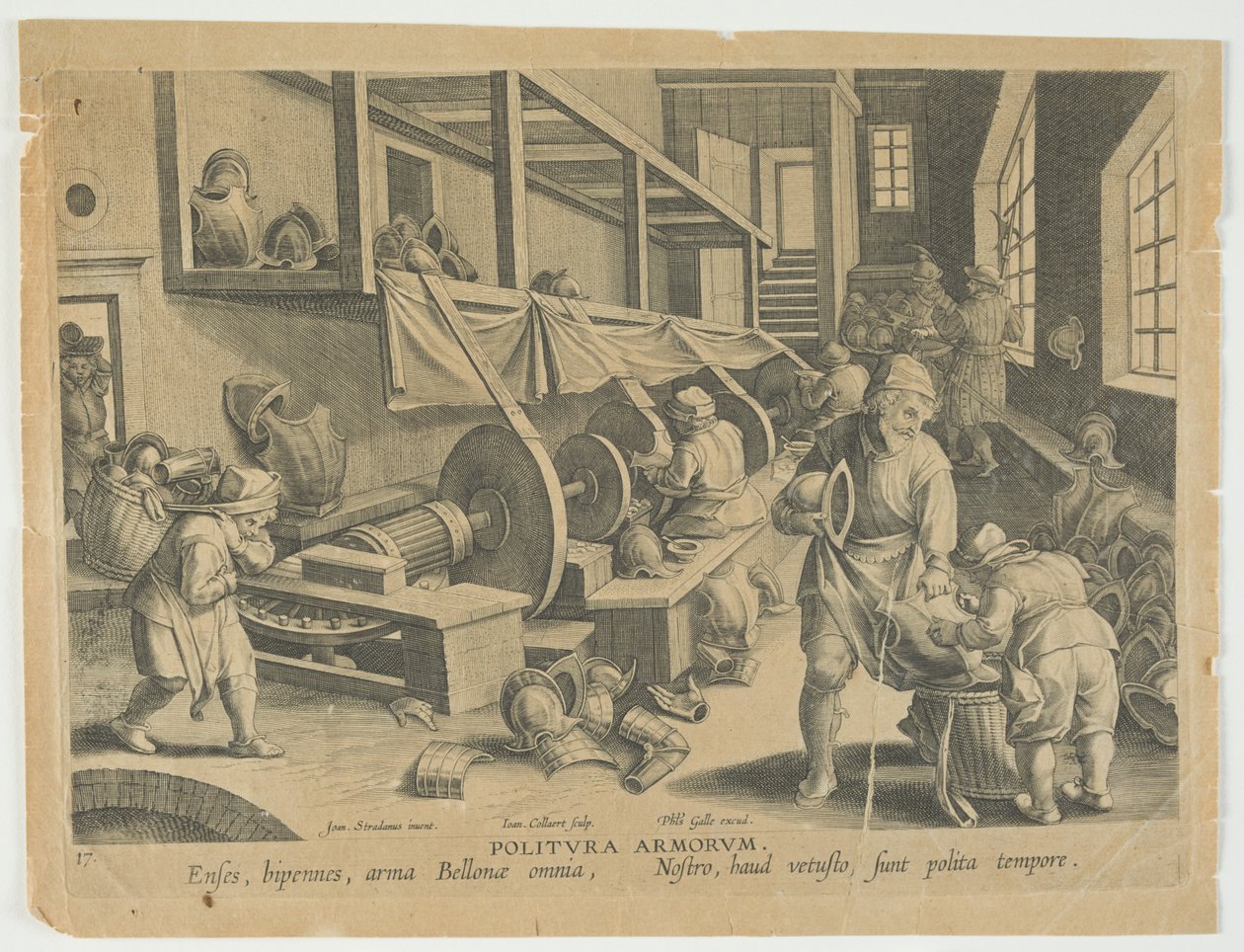 Politura Armorum, Poleringsvåben, plade 17 fra serien Nova Reperta, Modern Discoveries, ca. 1588 (gravering) af Hans the younger Collaert