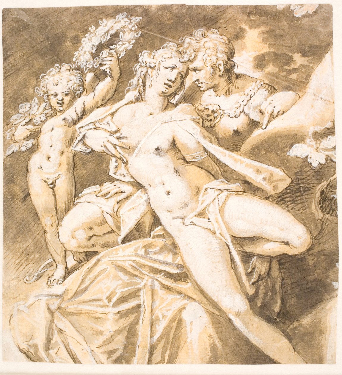 Danish: Mars kærtegnende Venus; tv. en amorin, der rækker en krans til hende af Hans von Aachen