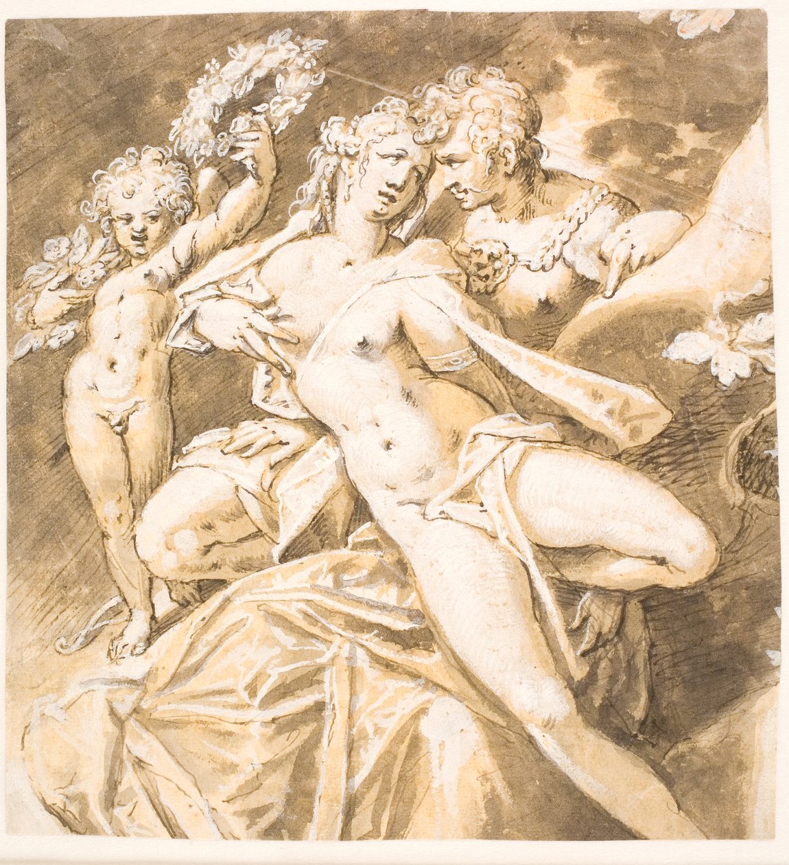 Mars kærtegnende Venus; tv. en amorin, der rækker en krans til hende af Hans von Aachen