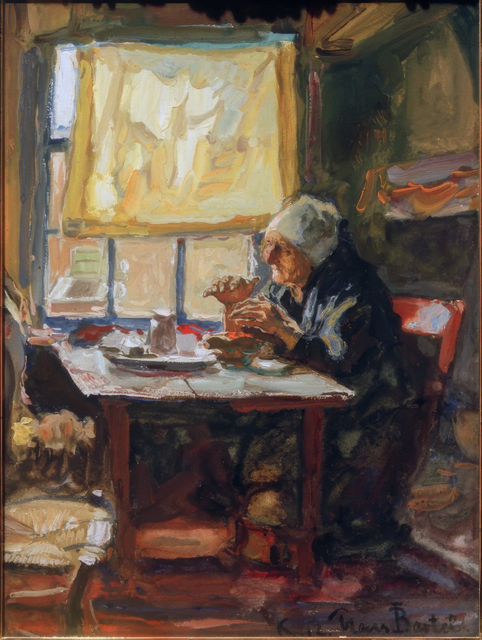 Gammel kvinde ved morgenbordet af Hans von Bartels