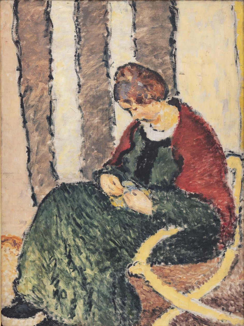 Kunstnerens søster, Anna Giersing, iført et rødt sjal af Harald Giersing