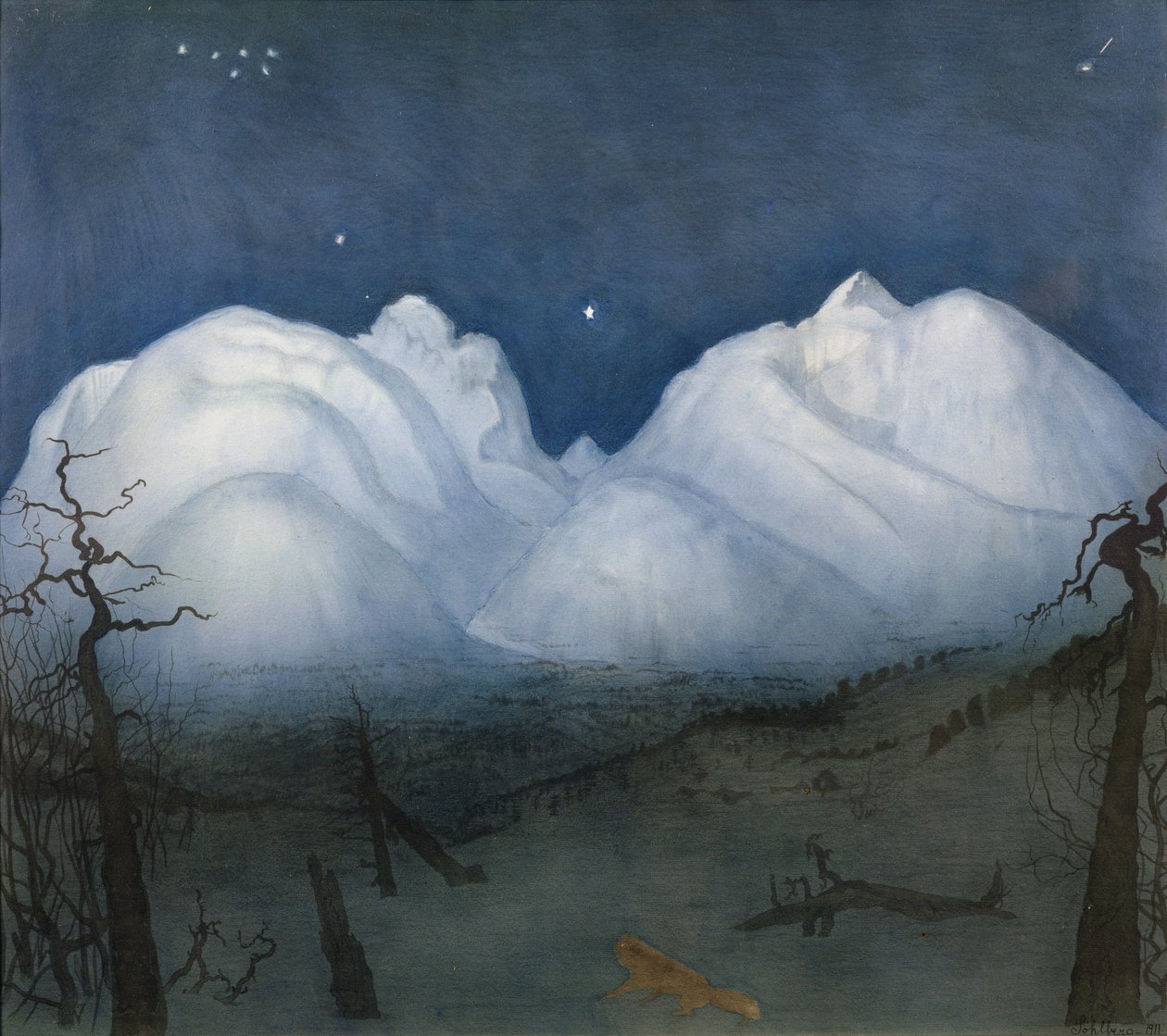 Vinternat i bjergene (pastel og akvarel på papir) af Harald Oscar Sohlberg